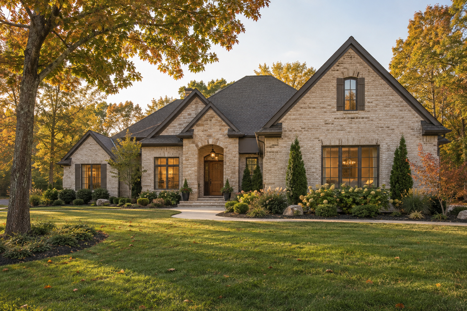 A welcoming brick and stone home surrounded by autumn trees — concept imagery